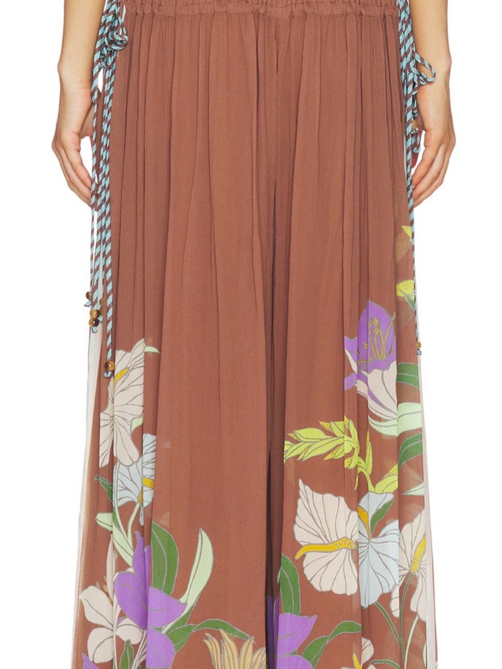 Alemais Brown Wide-Leg Floral Jumpsuit Pants with Lavender & Green Accents